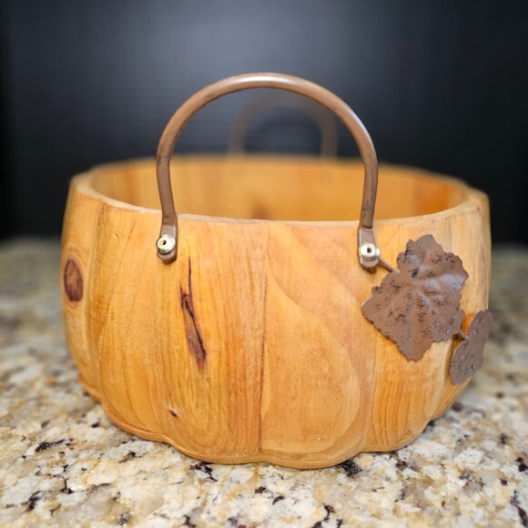 Pier One Rustic Hand Carved Pumpkin Bowl With Metal Handles and Leaf Accent - Picture 2 of 10